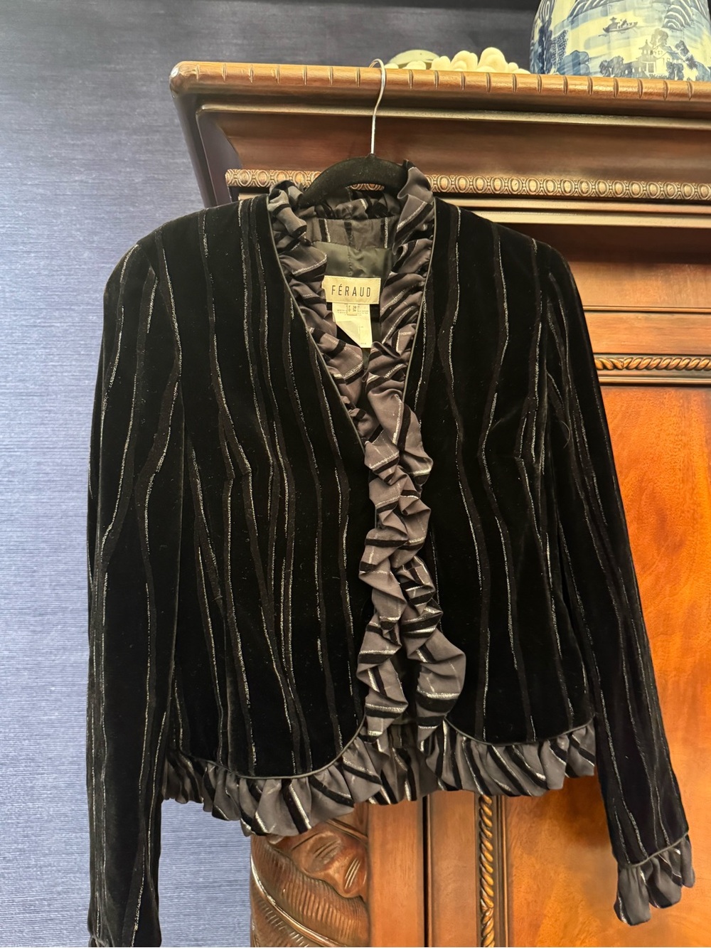 Louis Feraud Black Velvet Ruffle-Trim Blazer